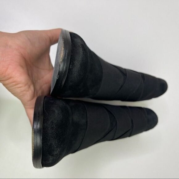 Eileen Fisher Boots Sz 6.5 Suede Black Willis Elastic Cross Straps Ankle Bootie - Picture 5 of 11
